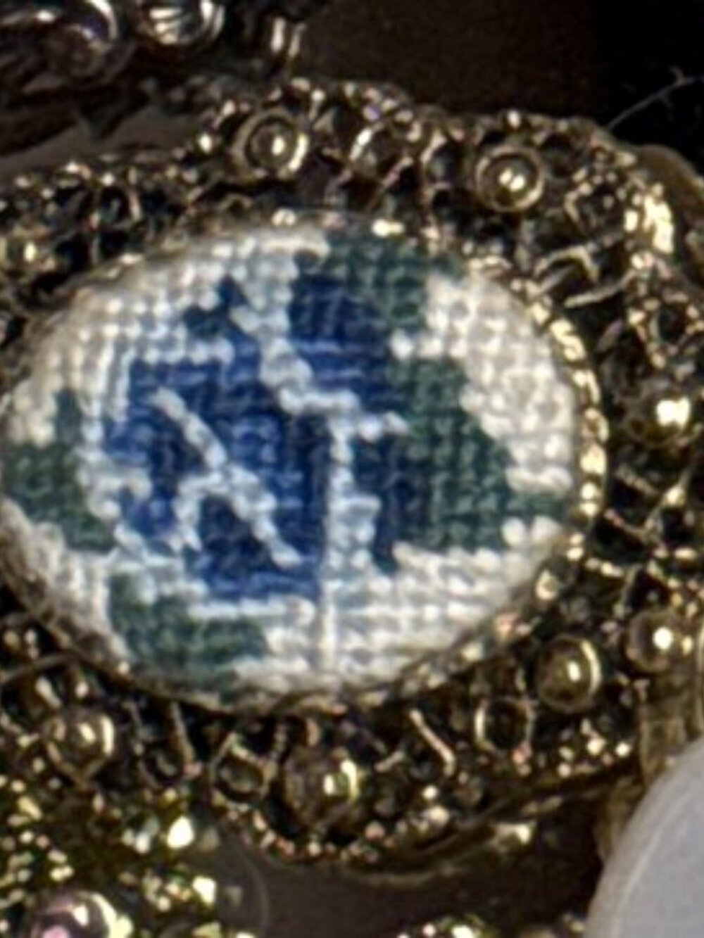 Vintage Petit Point Blue Floral Brooch Needlepoint Gold Filigree Pin
